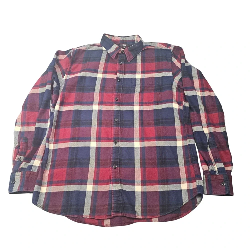 UNIQLO Mens Button Down Shirt Long Sleeve Flannel Tartan Plaid‎ Red Blue Size L